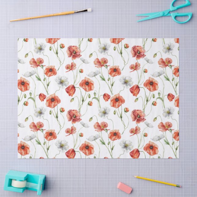 Papel De Seda Amapolas de Prado em Aquarela e Flores Silvestres  (Arte )