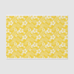 PAPEL DE SEDA AMARELO COM FLORES DE HIBISCUS BRANCOS TROPICAIS