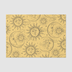 Papel De Seda Amarelo Mágico Vintage Sol Lua Estrelas Celestiais