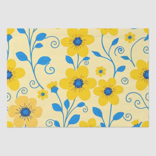 Papel De Seda Amarelo-Manteiga e Floral Azul (Frente )