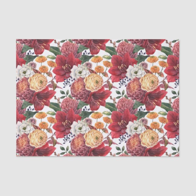 Papel De Seda Amaryllis e Chrysanthemum Padrão Floral (Frente )