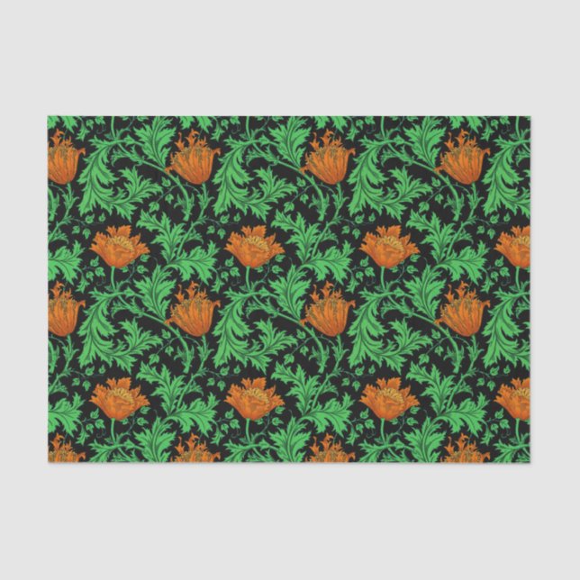 Papel De Seda Anêmona, laranja, verde e preto de William Morris (Frente )