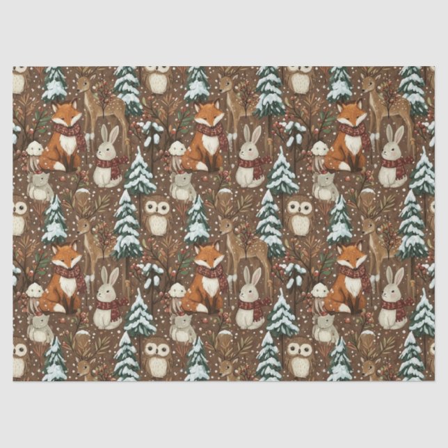 Papel De Seda Animais do Bosque de Inverno Padrão de Natal (Frente )