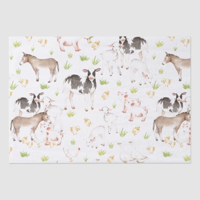 Papel De Seda Animais tirados mão da aguarela na fazenda (Frente )