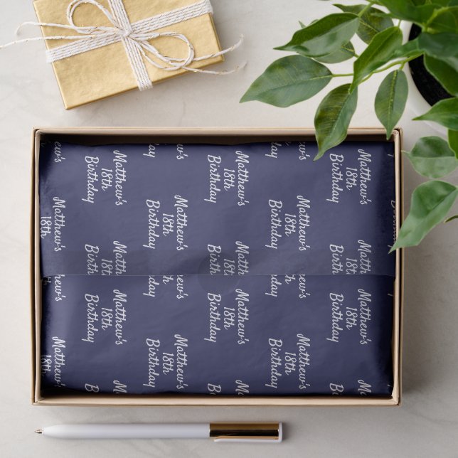 Papel De Seda Aniversário azul marinho branco nome script minima (Presente)