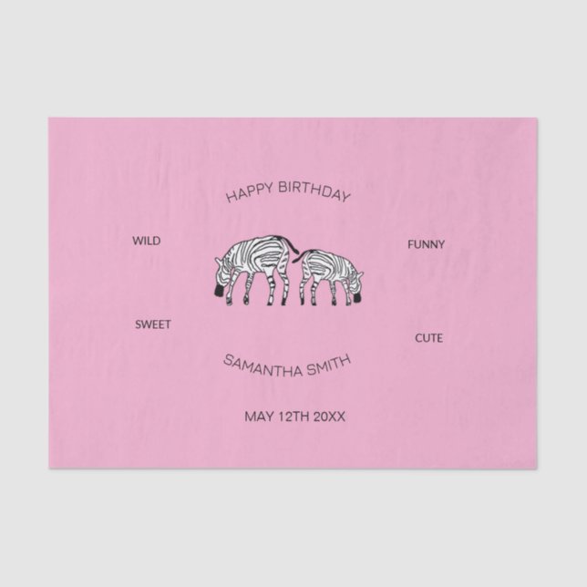 Papel De Seda Aniversário, Bonita e Feliz Zebras Queniana Rosa (Frente )