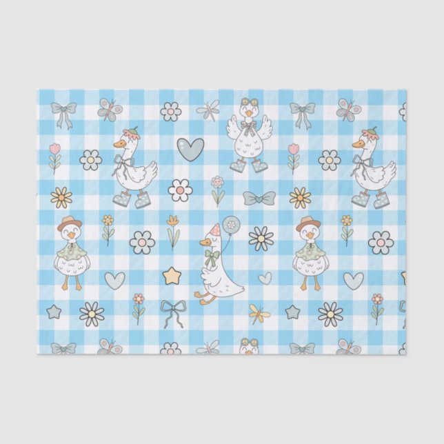 Papel De Seda Aniversário de Gingham Azul de Ganso bobo (Frente )