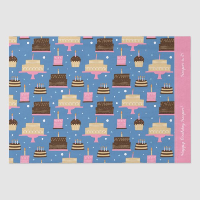Papel De Seda Aniversário Padrão de Bolo Nome Personalizado + Sa (Frente )