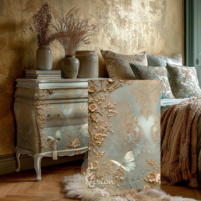 Papel De Seda Anseio silencioso Borboleta Barroca Flores Vinhas (Vintage Baroque Butterfly, & Gold Floral Vines, Mint Sage Green, Damask Decoupage Tissue Paper.)