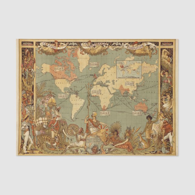 Papel De Seda Antecipação do Mapa Mundial 1886 Ilustrada (Frente )