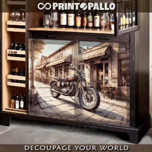 Papel De Seda Antiga moto vintage estacionada perto de um Café"