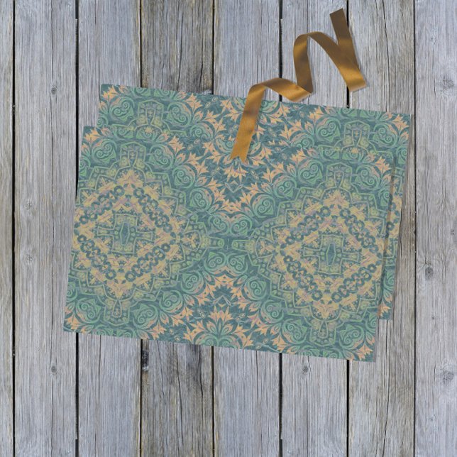 Papel De Seda Antigo Damask Boho Teal E Beige, Afastado (Criador carregado)