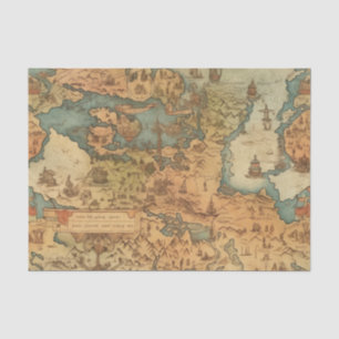 Papel De Seda Antigo Documento de Decoupage do Mapa do Mundo Ant