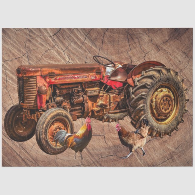 Papel De Seda Antiguamente Red Trator Rooster Hen (Frente )