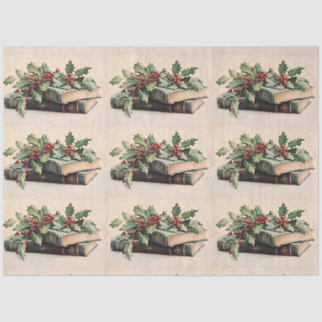 Papel De Seda ANTIQUE BOOKS AND HOLLYBERRIES  Christmas Pattern (Frente )