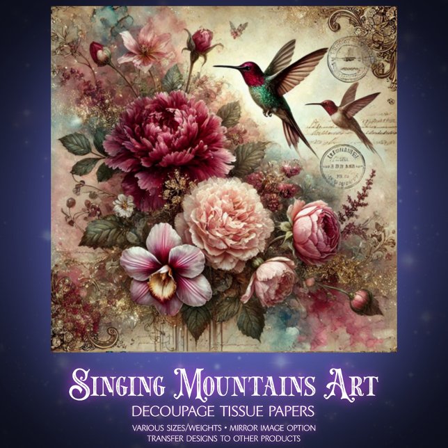 Papel De Seda Antique Charm Hummingbirds and Flowers Decoupage  (Criador carregado)