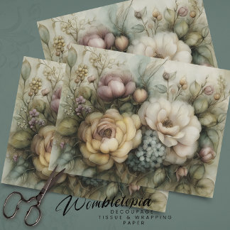 Papel De Seda Antique Romantic Florals in Yellow Blue Decoupage 