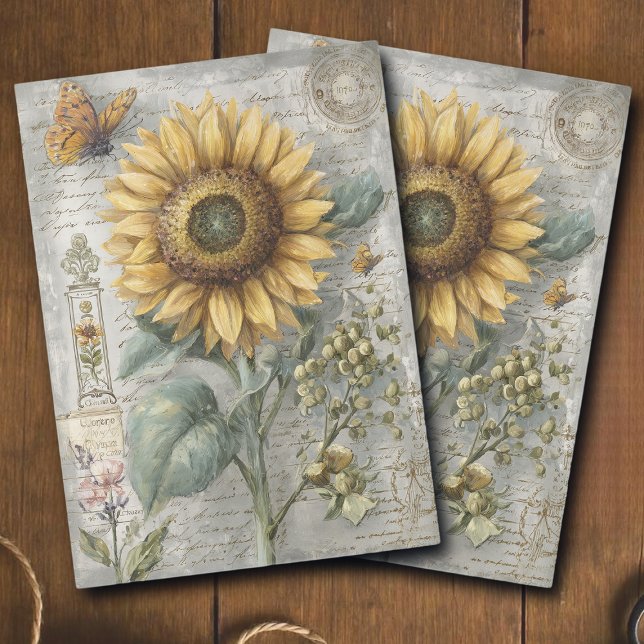 Papel De Seda Antique Sunflower Botanical Ephemera Decoupage (Criador carregado)