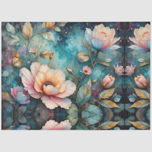 Papel De Seda Apricot Floral Tapestry on Teal (Frente )