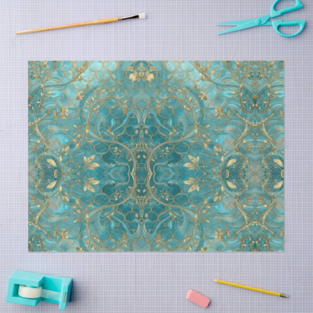 Papel De Seda Aqua Pearlescent & Gold Mermaid Scale Pattern  (Arte )