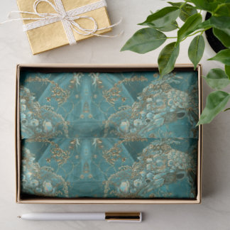 Papel De Seda Aqua Pearlescent & Gold Mermaid Scale Pattern 