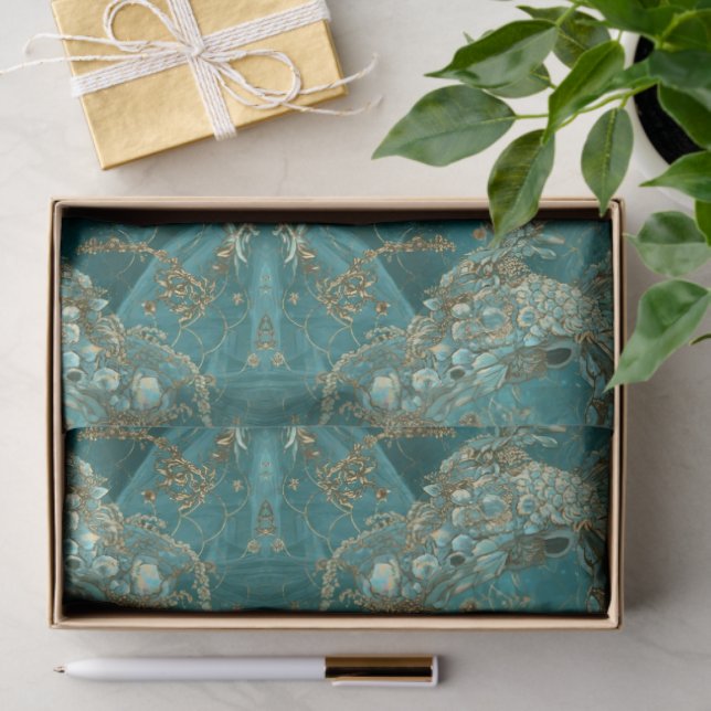 Papel De Seda Aqua Pearlescent & Gold Mermaid Scale Pattern  (Presente)