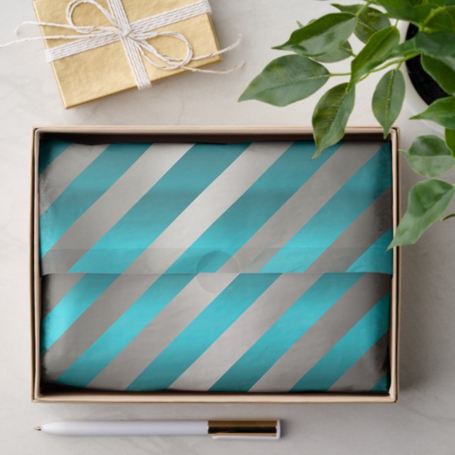 Papel De Seda Aqua & Silver Diagonal Stripe Christmas  (Presente)