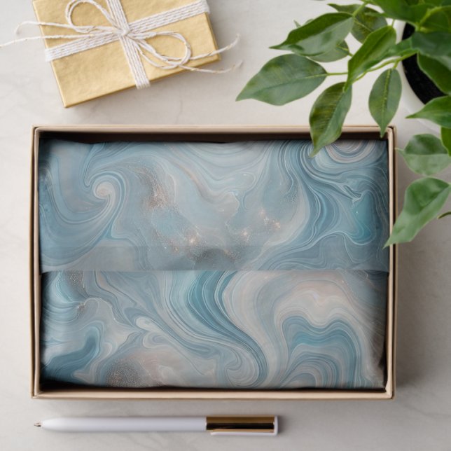 Papel De Seda Aqua Teal Turquoise Blue Silver Marble (Presente)