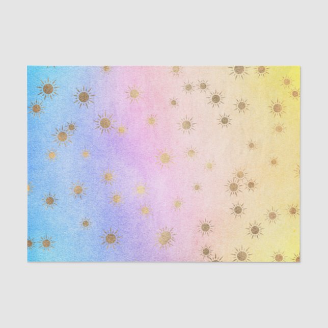 Papel De Seda Aquarela Arco-íris Pastel com sóis dourados (Frente )