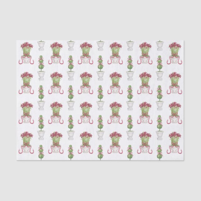 Papel De Seda Aquarela Borgonha Amaryllis e Natal Topiário (Frente )