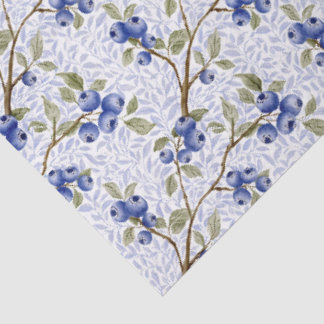 Papel De Seda Aquarela Botânica de Mirtilo Azul em Verde Branco