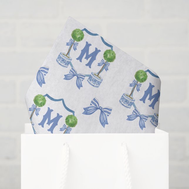 Papel De Seda Aquarela Chinoiserie Topiária Azul Crista Monogram (Sacola de presentes)