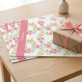 Papel De Seda Aquarela de Flor Silvestre Laranja Rosa Verde