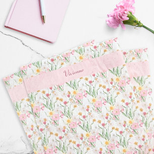 Papel De Seda Aquarela de Flor Silvestre Rosa Verde