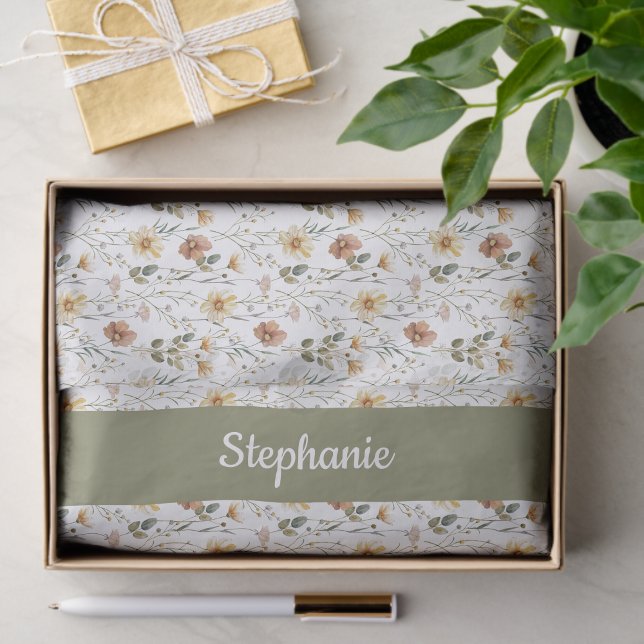 Papel De Seda Aquarela de Flor Silvestre Verde Boho (Criador carregado)