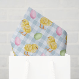 Papel De Seda Aquarela de frango e ovos em padrão xadrez azul