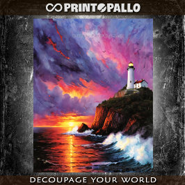 Papel De Seda Aquarela de mar tempestuoso com farol ao pôr do so