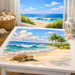 Papel De Seda Aquarela de Praia com Tartaruga Marinha