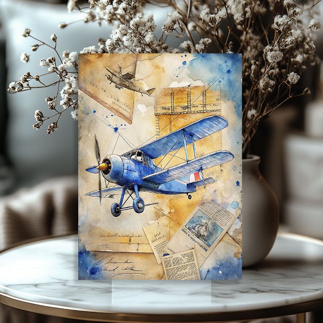 Papel De Seda Aquarela de verão viagem azul-avião (Watercolor summer travel blue retro airplane tissue paper)