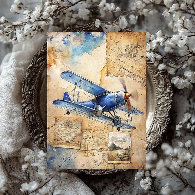 Papel De Seda Aquarela de verão viagem azul-avião (Watercolor summer travel blue retro airplane tissue paper)