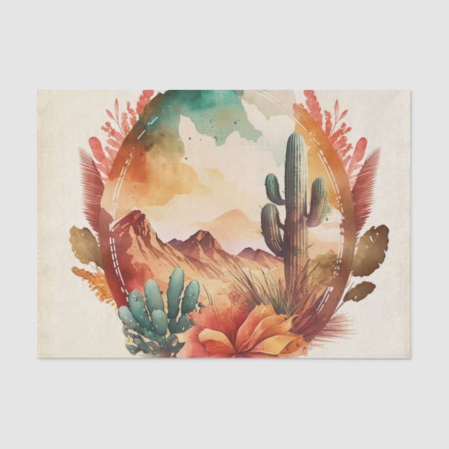 Papel De Seda Aquarela Desert Cactus e Montanhas (Frente )