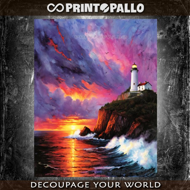 Papel De Seda Aquarela do mar tempestuoso com farol no pôr do so (Criador carregado)