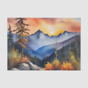 Papel De Seda Aquarela do nascer do sol sobre as montanhas cober