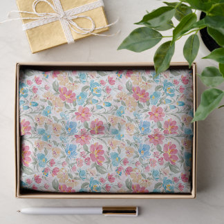 Papel De Seda Aquarela Florais em Rosa e Azul, Jardim Floral