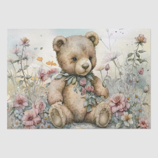 Papel De Seda Aquarela Floral Do Urso De Teddy (Frente )