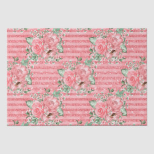 Papel De Seda Aquarela Flores Rosas Cor-de-Rosa & Listras com Br