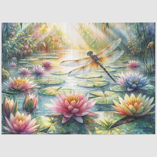 Papel de Seda Aquarela Libélula e Lago de Lótus (Frente )