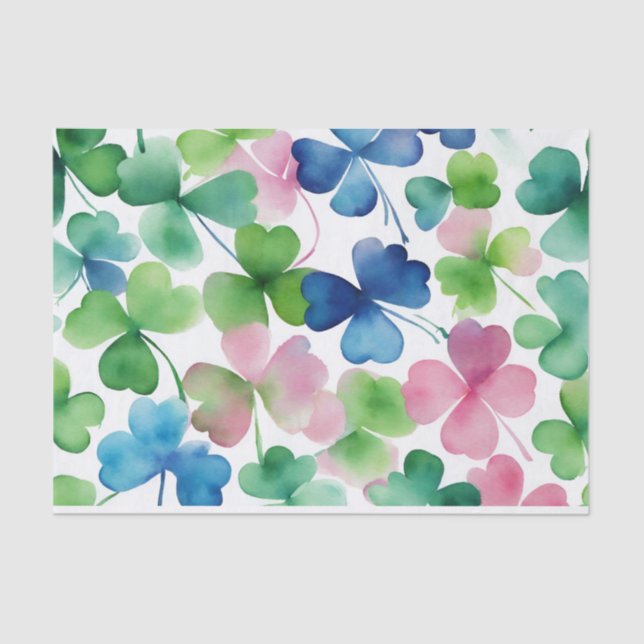 Papel De Seda Aquarela Verde Azul Trevo de Rosa (Frente )