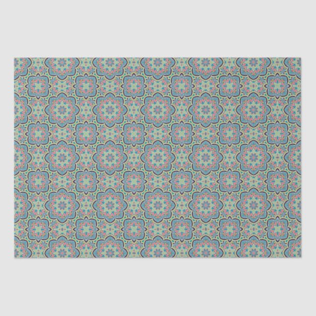 Papel De Seda Árabe Boho Elegante geométrico marroquino azul ver (Frente )
