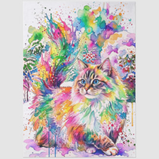 Papel De Seda Arco-íris Caprichoso de Aquarela Gato Fofo no Inve